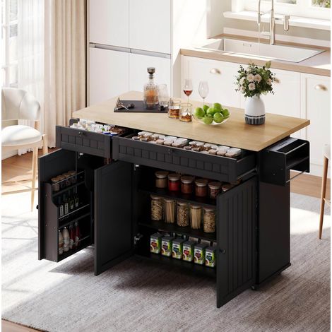 Meuble cuisine îlot avec plateau rabattable, 6 roulettes freinées, noir 137 x 70 x 89,5 cm DESVIAE (1/5)