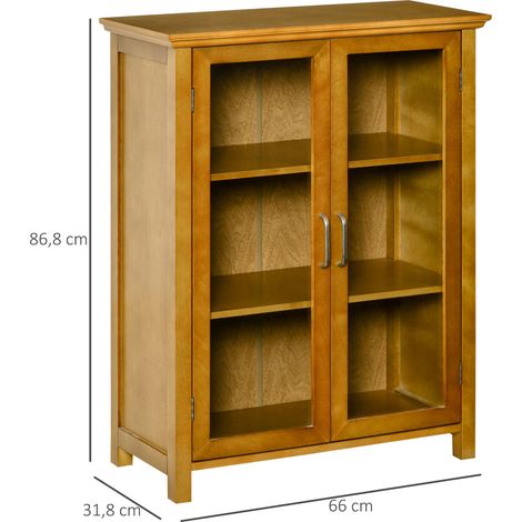 Credenza con 2 ante in vetro, mobile multiuso per soggiorno con 2 ripiani regolabili, 66x31,8x86,8 cm, noce. (1/5)