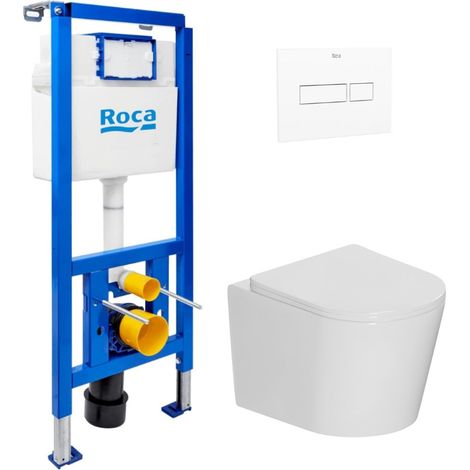 WC-Set Vorwandelement + Ceramia spülrandloses Wand-WC mit SoftClose-Sitz + Betätigungsplatte (ROCE14WT04-IN)