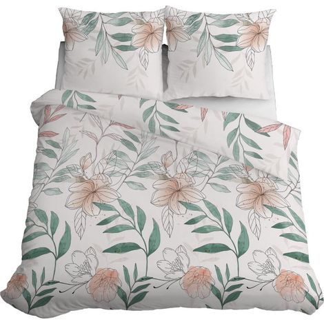Parure de lit en satin 220x200 cm, motif fleurs et feuilles pastel (1/5)