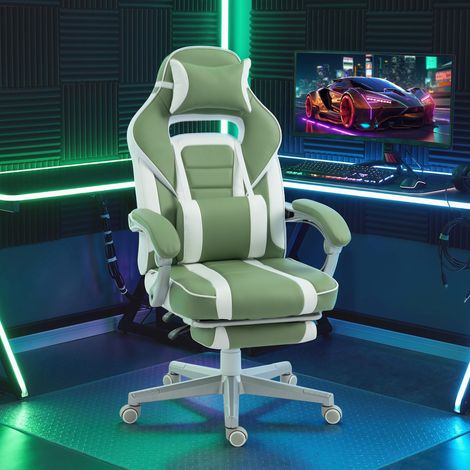 Silla Gamer Reclinable con Altura Ajustable Reposapiés Retráctil Soporte Lumbar y Reposacabezas Desmontable Verde