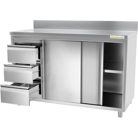 Meuble bas inox 1400x600 mm adossée avec 3 tiroirs à gauche PREMIUM - GOLDINOX (1/3)