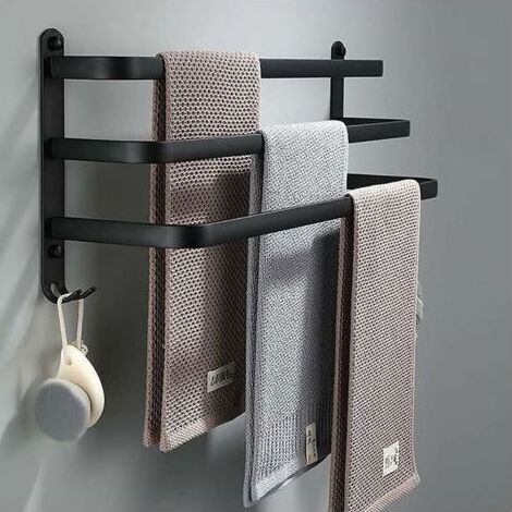 Porte Serviettes Salle de Bains, Barres Porte Serviettes Mural Noir Adhesif pour Douche et Cuisine, Étanche Barres Porte avec Crochet (Noir, 60cm.) (1/5)
