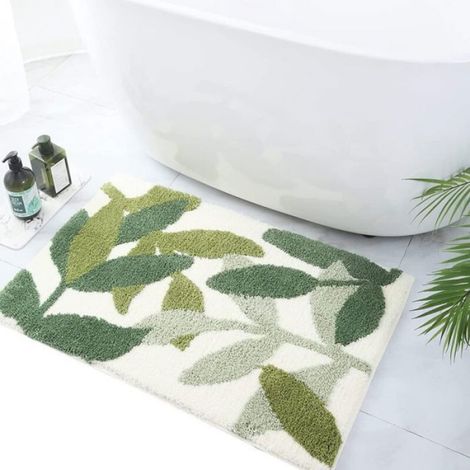 1 PCS Tapis bain absorbant antidérapant 40x60cm-Microfibre douce séchage rapide-Motif feuilles vertes salle bain Aucuneary (1/5)