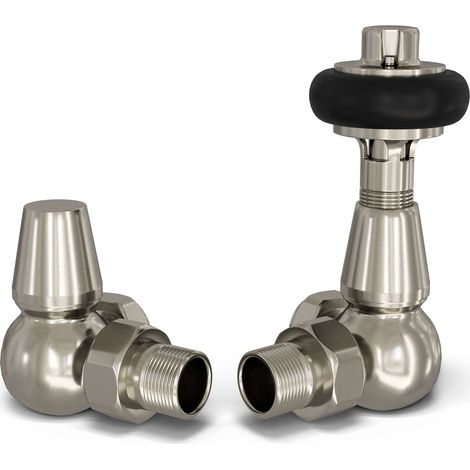 Signature Wooden Head - Silver Nickel Thermostatic Radiator Valve & Lockshield Corner 8mm