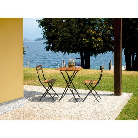 Set Tavolo e 2 Sedie da Giardino Pieghevoli Bistrò in Ferro e Legno di Acacia (1/5)