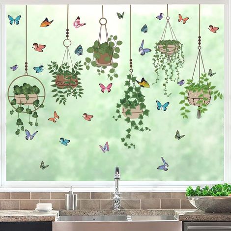 Plantes vertes, stickers muraux en pot, autocollants muraux, autocollants muraux pour salon, papillons autocollants pour fenêtre, plantes suspendues (1/5)