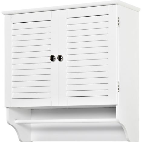 Armoire murale salle de bain 2 portes persiennes avec étagère et porte-serviette blanc (1/5)