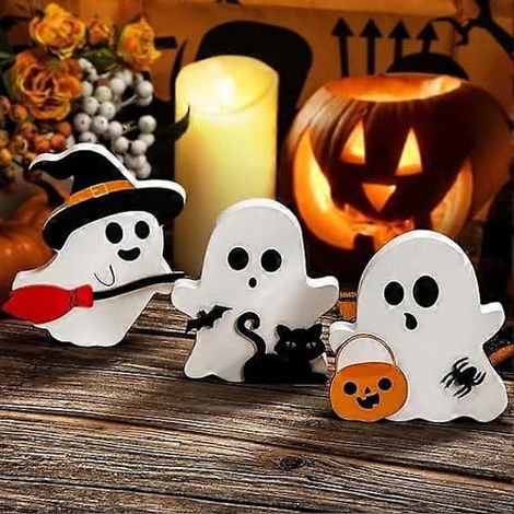 Décorations d'Halloween mignonnes avec fantôme, étagère en bois, panneau de table, chat noir, chauve-souris, balai de sorcière, bloc citrouille [CO] (1/5)