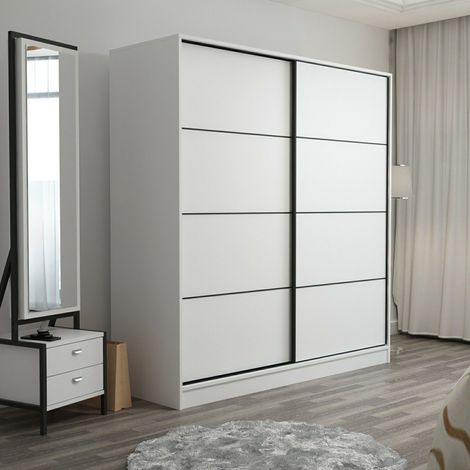 Armario 2 Puertas Cuvio, Ropero Dormitorio Perchero, 5 Estantes, Apertura Corredera, 180x190h cm Blanco (1/5)