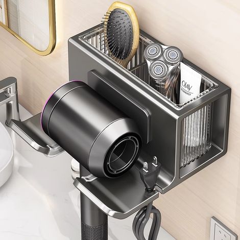 Support pour sèche-cheveux avec boîte de rangement gris et tube de rangement amovible, sans perforation (1/4)