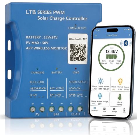 30A Contrôleur de Charge Solaire Bluetooth Régulateur Solaire 30A PV max 50V 12V/24V Contrôleur Solaire PWM pour Batteries Acide au Plomb, LiFePO4, Lithium (1/5)