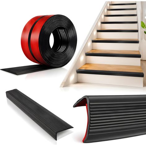 Nez de Marche Antidérapant 12m,Caoutchouc Épaissi 2mm Profilé en L pour Escaliers,Imperméable Résistant aux Intempéries Installation Facile,Intérieur Extérieur pour Enfants Personnes ÂgéesNoir (1/5)