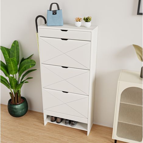 Meuble à chaussures blanc avec 3 tiroirs, 2 niveaux et tablette extensible en MDF (1/5)