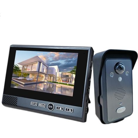 Interphone vidéo sans Fil 7 Pouces 2.4Ghz détection de Mouvement sans poinçon Longue Veille système de sécurité visuel de Sonnette for la Maison(818-1-1) (1/5)