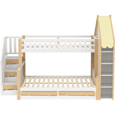 Lit superposé, 90x200cm+140x200cm, barrière de lit, escalier de rangement, traverse maison, 2 tiroirs, clôture irrégulière, sans matelas, blanc + naturel