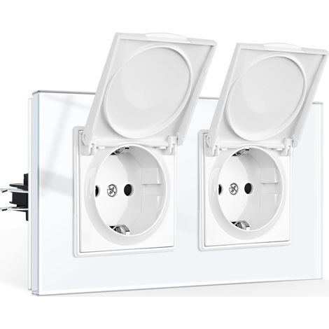 [PRODUIT RECONDITIONNE] CNBINGO Prise double étanche Schuko encastrée avec couvercle à rabat - 16A 230V - Verre blanc
