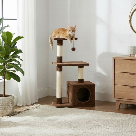 belviona Katzenkratzbaum 85 cm mit Wandhalterung, platzsparend mit Höhle, Sisal & Spielball, braun (1/5)