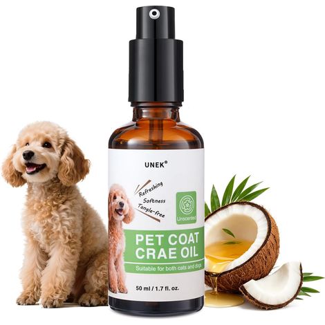 Huile démêlante Naturelle sans Parfum pour Chiens et Chats 50 ML– Conditioner sans rinçage, Anti-nœuds, nourrit et Fait Briller, à l’Huile de Coco