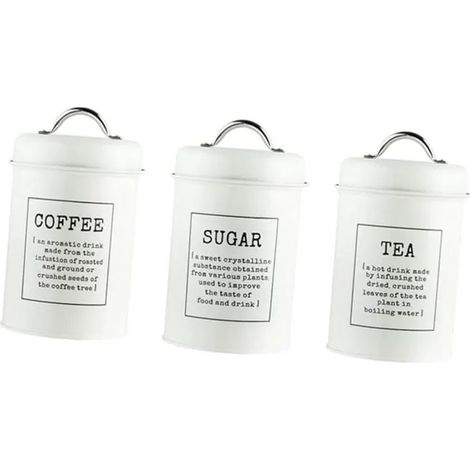 Lot de 3 boîtes à thé, café, sucre boîtes en métal avec couvercles, boîte de rangement pour votre thé, sucre et café préféré (Blanc) (1/4)