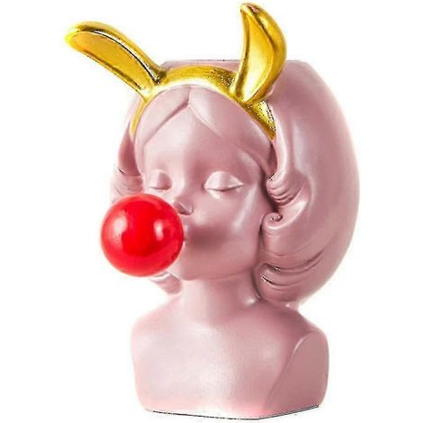 Jolie fille soufflant des bulles, pot de fleurs pour plante grasse, décoration intérieure de style nordique, styles variés, oreilles de chat roses (1/5)