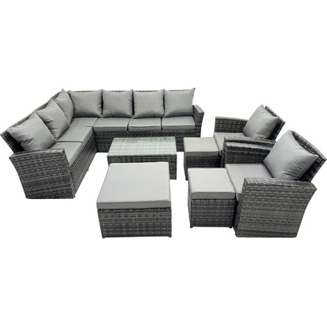 Fimous 11 Seat Rattan High Back Corner Sofa Set Patio Coffee Table Sets with 3 Stools Chair Dark Grey Mixed (1/5)