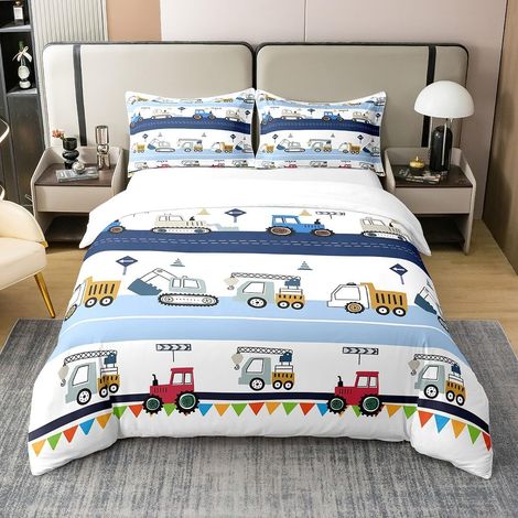 Construction 100% Coton Housse de Couette 140x200cm Équipement pour Enfants Camion Parure de lit garçon Dessin animé Voiture excavatrice Tracteur Parure de lit Bleu Blanc - 140 x 200 cm + 1 taie d'ore (1/5)