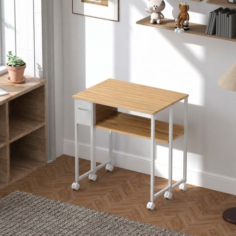 Bureau pliable sur roulettes 63 x 50 cm avec étagère et sac de rangement, bois naturel (1/5)
