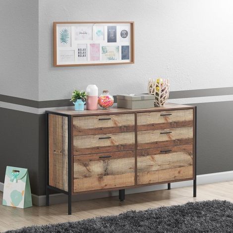 Industrial Chest of Drawers Rustic Oak 6 Drawer Bedroom Storage Metal Frame (1/4)