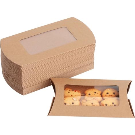 50 Pieces Kraft Gift Boxes with Transparent Window, 12x7x2 Cm Small Pre-Folded Kraft Gift Box, Pillow Boxes for Wedding, Birthday, Christmas, Corporate Events (1/5)
