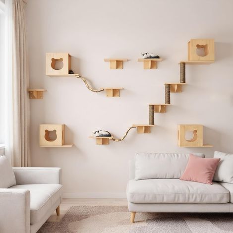 Mur d'escalade pour chats, ensemble de mur d'escalade pour chats 5 pièces, mobilier mural pour chats, meuble pour chats avec 1 maison pour chats, 2 plateformes, 1 échelle pour chats, 1 (1/5)