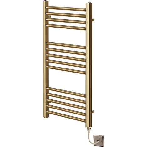 York Flat Brushed Brass Electric Towel Rail 400mm Wide x 800mm High