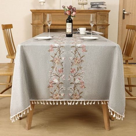 Tovaglia rettangolare impermeabile in cotone e lino, 140 x 240 cm, con nappe, elegante tovaglia rettangolare decorativa per la cucina. (1/5)