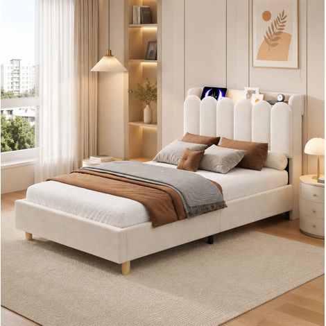Cama infantil de 90x200 cm con somier de láminas, cabecero con espacio de almacenamiento, puerto USB tipo C y luz nocturna, terciopelo beige. (1/5)