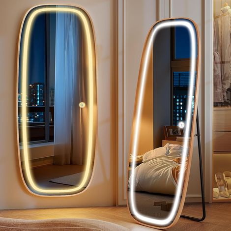 Miroir sur Pied LED, 160 x 50 cm, Miroir sur Pied avec Support, Miroir Mural, 3 Couleurs de Lumière, Luminosité Réglable, pour la Chambre à Coucher, Le Salon, Doré (1/5)