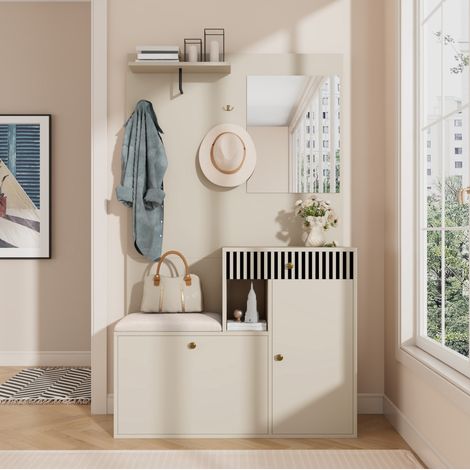 MEUBLIV Meuble d'entrée 110x37x185,5 cm beige et gris – miroir, assise et rangement