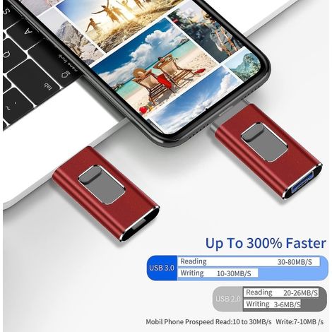 Clé USB 64 Go compatible iPhone/ordinateur, rouge, pour stockage fichiers et photos (1/5)
