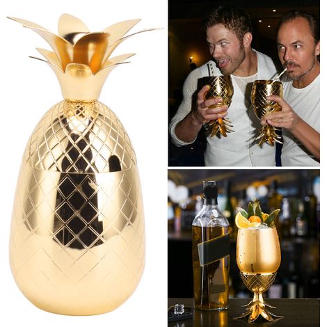 Verre à cocktail ananas 500 ml, verre à boisson en acier inoxydable, verre à cocktail de barman, doré (1/5)