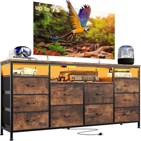Commode 10 Tiroirs En Tissu, Meuble TV Multifonction Avec Ports USB, Éclairage LED, Rangement Pour Écrans Jusqu’à 75 Pouces (1/5)