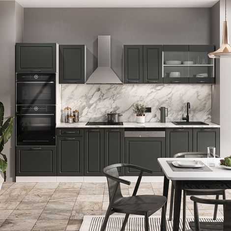 Cucina componibile R-Line, Antracite casa di campagna/bianco, 300 cm con armadio alto, PL Marmo, Vicco