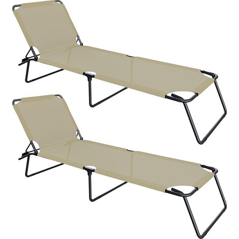 Coppia Di Lettini Pieghevoli Prendisole Senza Tettuccio Parasole Schienale Reclinabile Regolabile Struttura In Metallo Nero Sedia Sdraio Per Spiaggia Mare Giardino Piscina 187 x 53 x 24 Cm (Beige) (1/5)