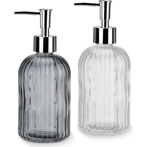 Dispensador de jabón líquido, dispensador de jabón de vidrio con bomba manual, dispensador de jabón líquido recargable de 2 piezas para baño y cocina, blanco y gris. (1/5)