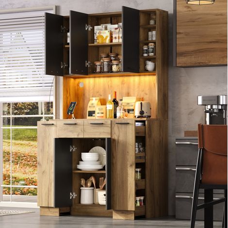 Buffet de cuisine haut LED avec prise, rangements réglables, MDF noir et naturel, 100x40x180 cm (1/5)