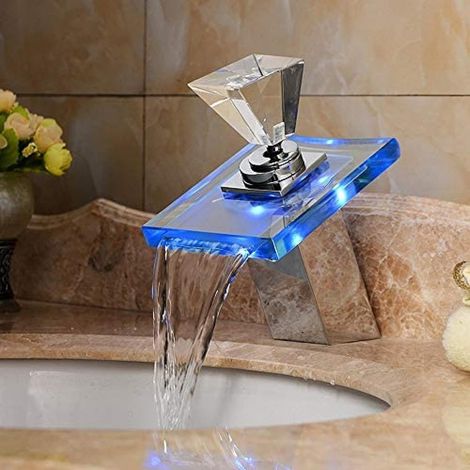 CCYKXA Küchen- und Badezimmerwaschbeckenhahn, LED-Licht, kreativer Wasserhahn, Kupfer-Wasserfall, Glas, Warm- und Kaltwasserhahn, Badezimmer, Warm- und Kaltwassermischer, LED-Farbwechsel (1/4)