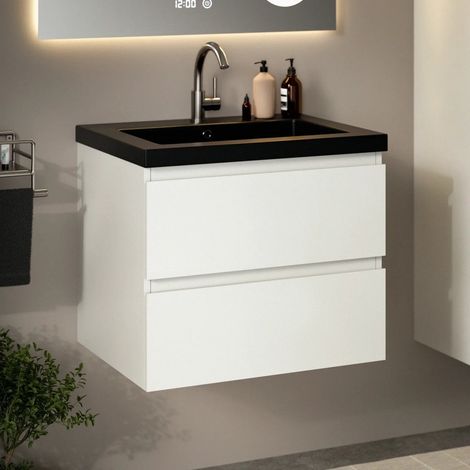 Karo Badezimmermöbel Weiß mit schwarzem Keramikwaschbecken 60 cm – Wandhängender Waschtischunterschrank – Schubladen mit Soft-Close-Funktion – Feuchtigkeitsbeständig – Pflegeleichte Oberfläche – Großz (1/5)
