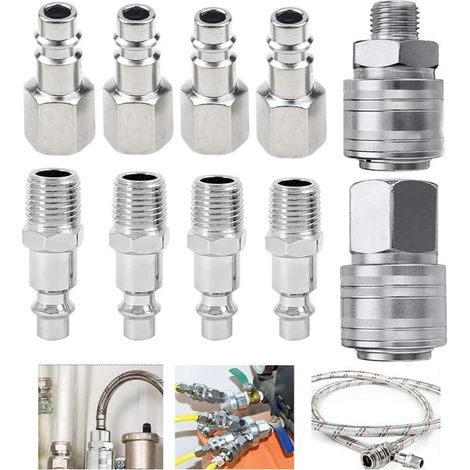 Lot de 10 raccords pour compresseur 1/4' BSP – Acier trempé nickelé – Raccords mâles et femelles – Connexion rapide pour outils pneumatiques (1/5)