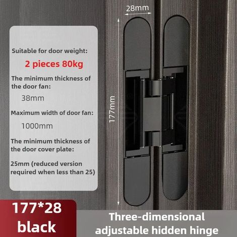(80 kg - noir) Lot de 2 ferrures de porte à charnières pour meubles, porte en bois dissimulée, porte pliante, capacité de charge réglable. (1/5)