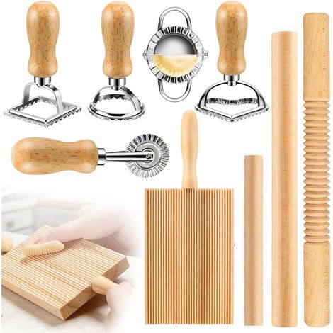 Kit de fabrication de pâtes de 9 pièces : kit de fabrication de pâtes efficace avec rouleau à pâtisserie, planche à gnocchi, coupe-pâte, machine à boulettes, emporte-pièces pour raviolis, fabrication (1/5)