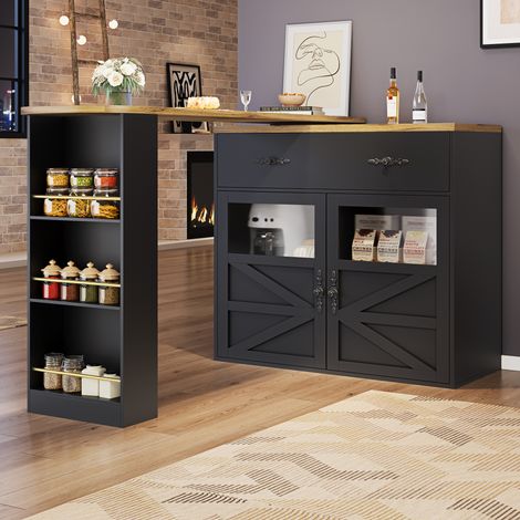 Mesa de bar extensible 138-204x39x104 cm en MDF negro con almacenamiento para cocina FloraGrace (1/5)