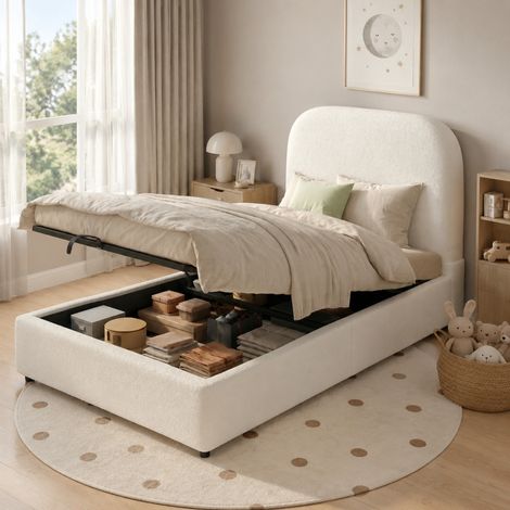 Cama individual tapizada 90 x 200 cm con almacenaje hidráulico, cabecero, bouclé beige (1/5)